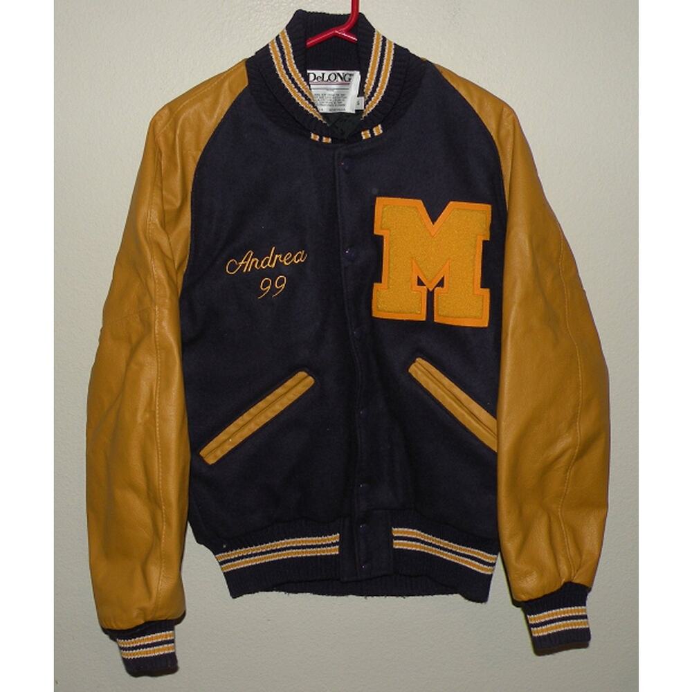 Vtg DeLong Wool Leather Women’s Small Purple Gold Varsity Letterman’s Jacket USA